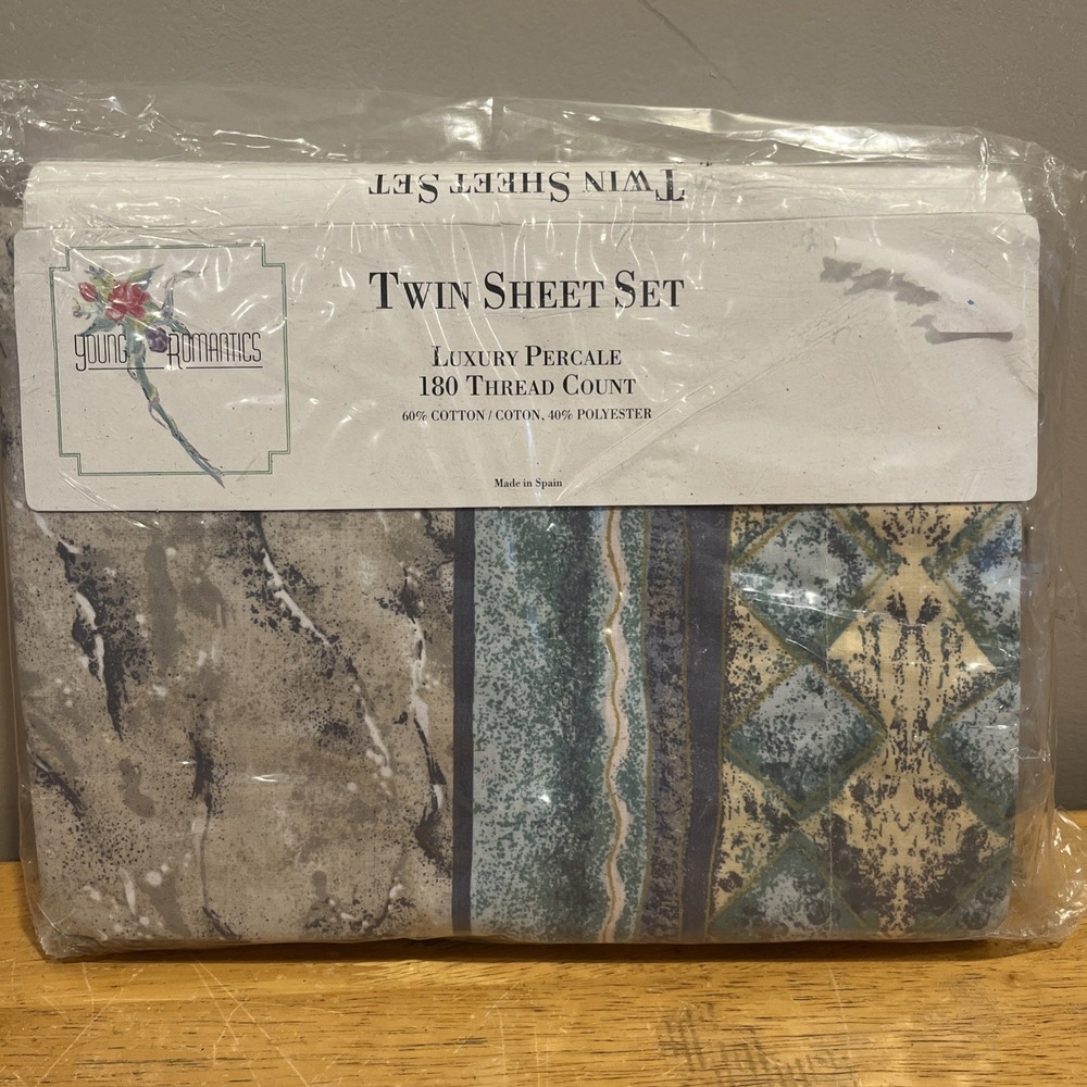 Vtg Sears Young Romantics Twin Sheet Set Geometric 1980s Purple Gray Pompeii